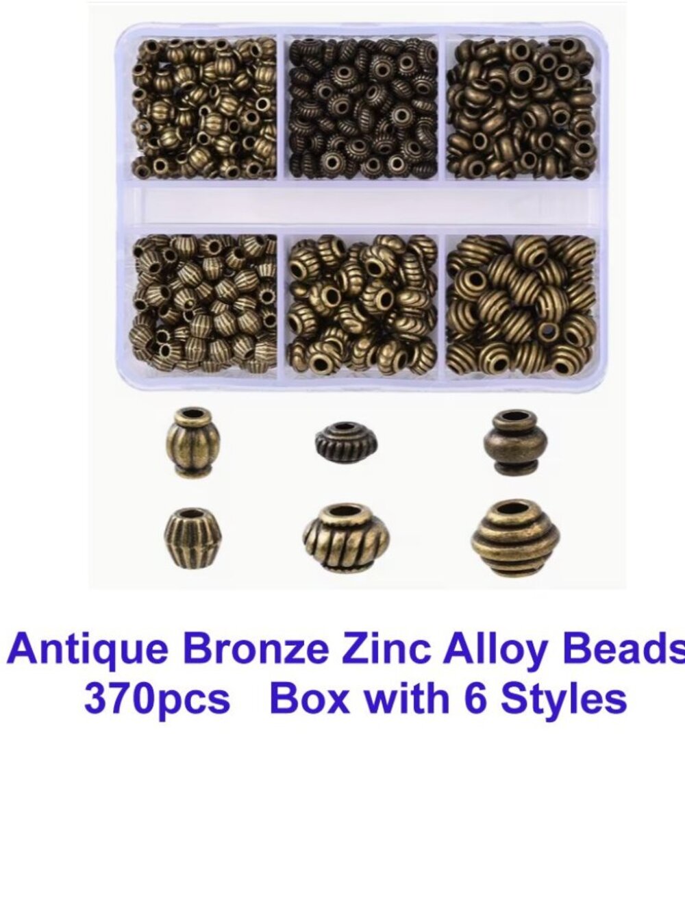 Antique Bronze Zinc Alloy Beads  370pcs Boxed with 6 Styles